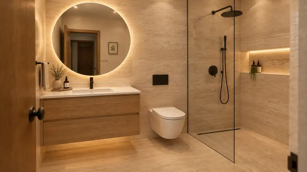 A warm spa bathroom with travertine tile, an oak floating vanity, a backlit round mirror and a glass walk-in shower