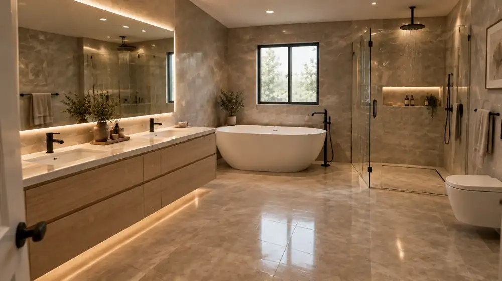 A high-end spa master bath with marble slabs, a freestanding tub, an oak double vanity and a frameless glass shower