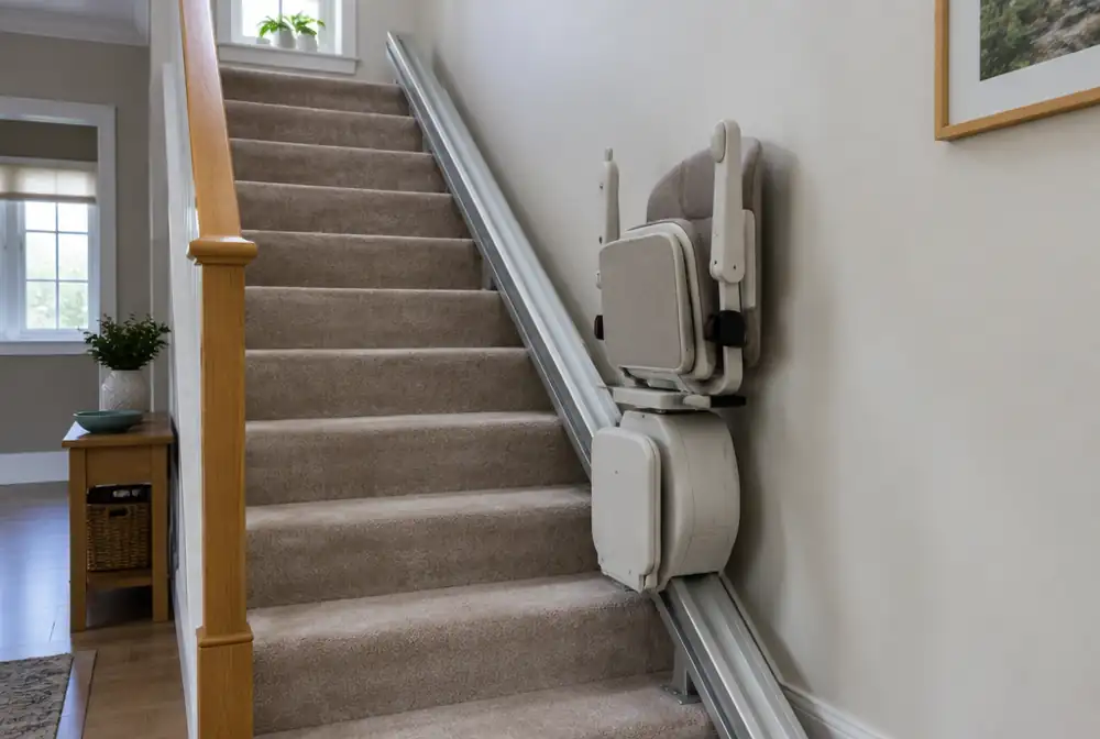A straight stair lift on a carpeted staircase