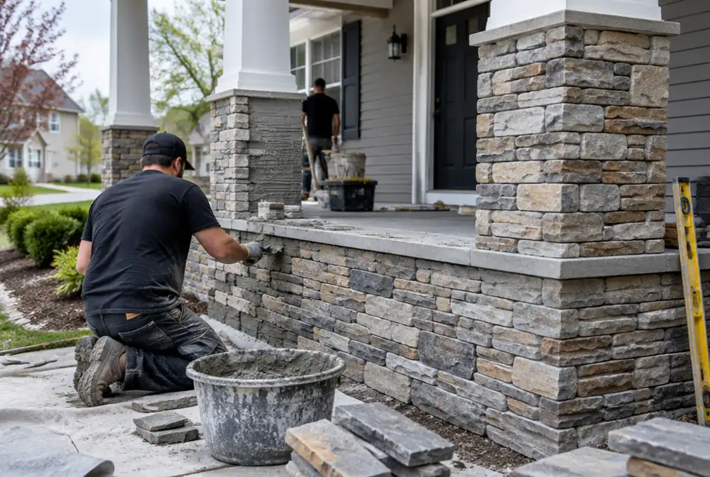 Stone veneer being installed