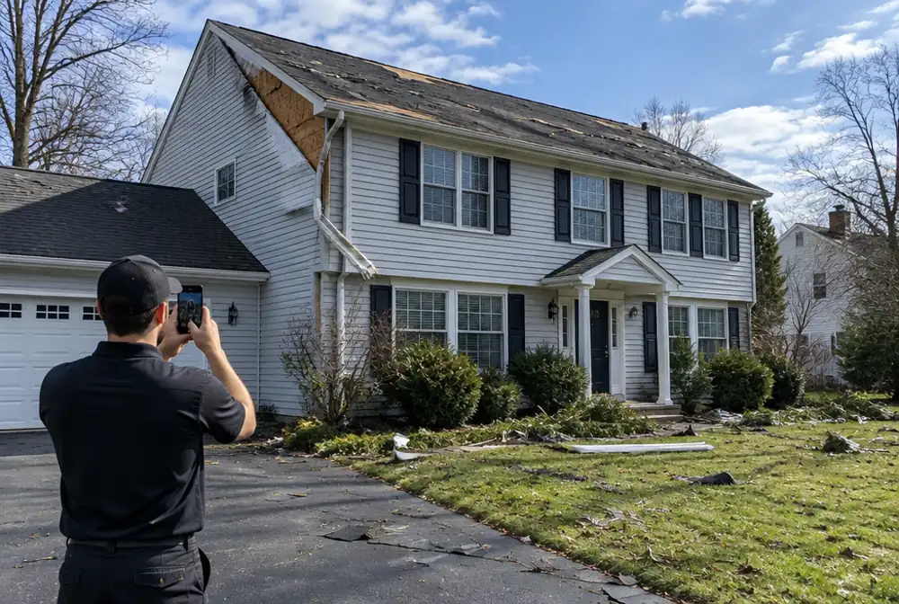 Storm damage to a roof, siding and gutter