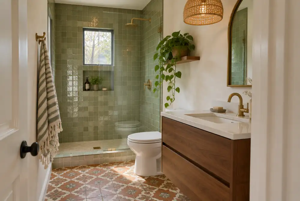 Boho small bathroom: sage zellige tile, patterned floor, walnut vanity, brass and rattan