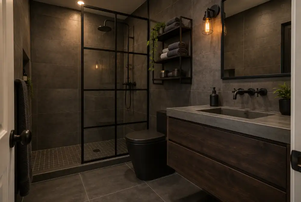 Industrial small bathroom: concrete-look tile, black grid glass, dark wood vanity with a concrete top