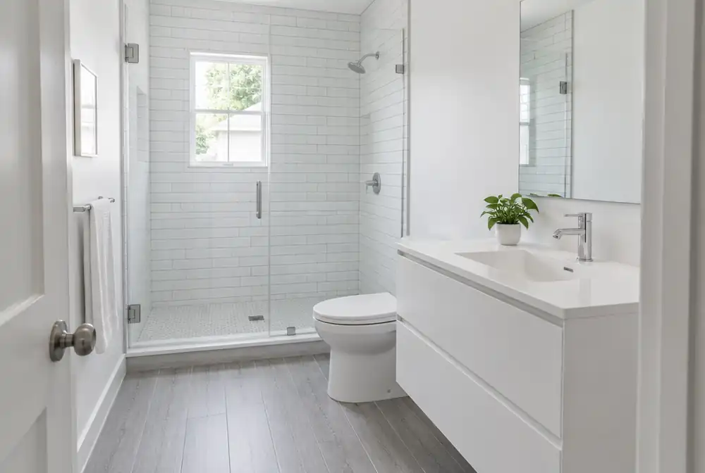 Minimalist small bathroom: white subway tile, chrome, floating white vanity, wood-look floor