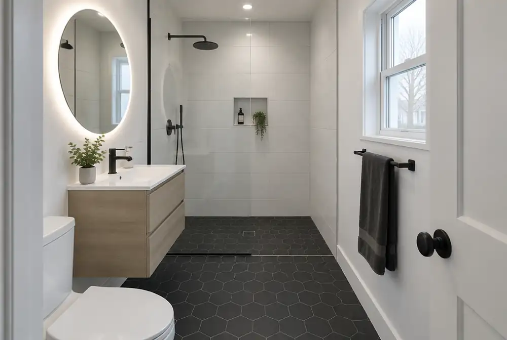 Modern small bathroom: black hex floor, white porcelain shower, oak floating vanity, backlit round mirror