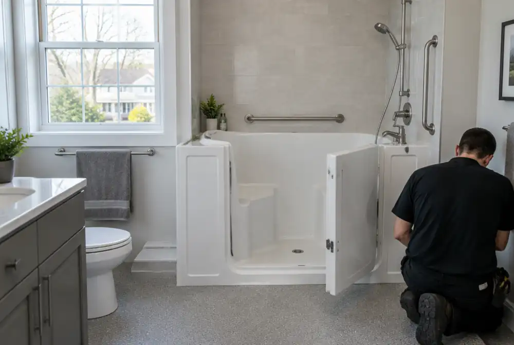 A walk-in tub with a door and grab bars