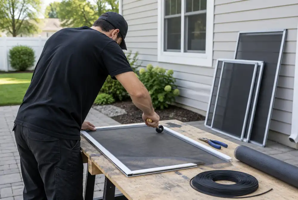 Window screens being rebuilt