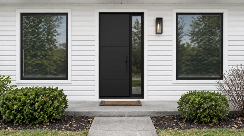 Slim black-framed windows and a matte-black modern entry door